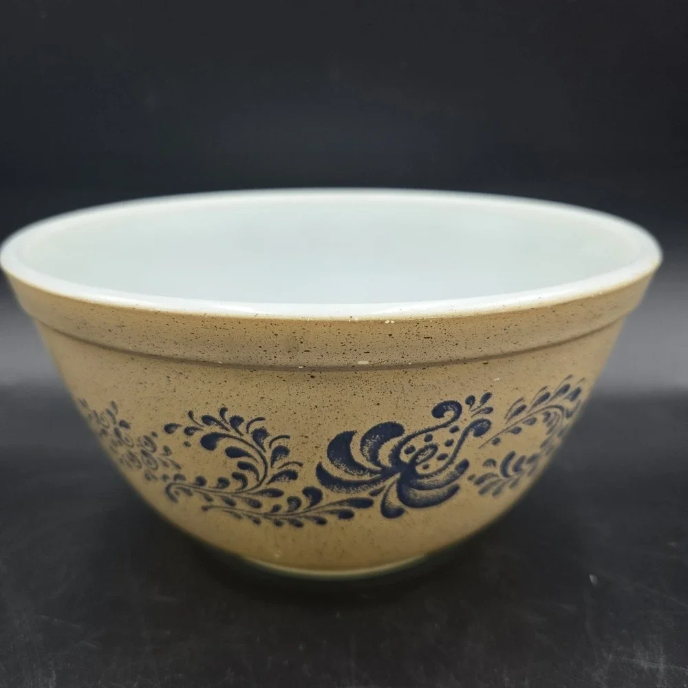 Vintage PYREX Homestead 402 Mixing Bowl Brown Speckled Blue Pattern Corning Usa
